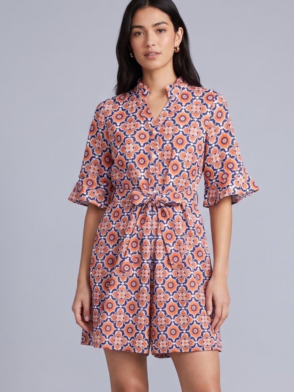 NWT | OURIN Blue and Orange Floral Medallion Button-Front Flutter Sleeve Dress |